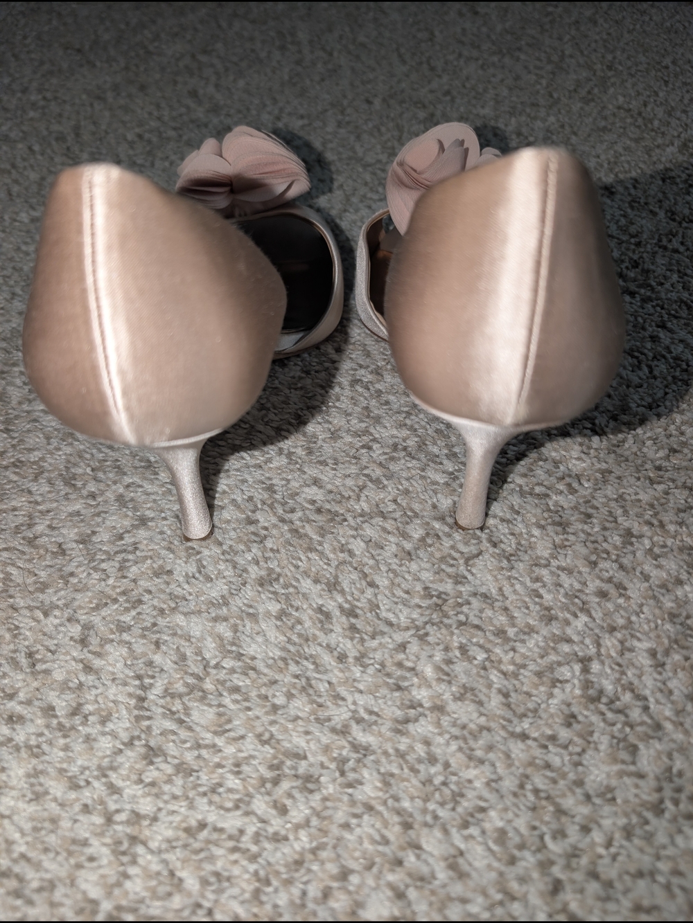 Badgley Mischka Pink Satin Peep-Toe Heels with Floral Accent - Picture 3 of 7